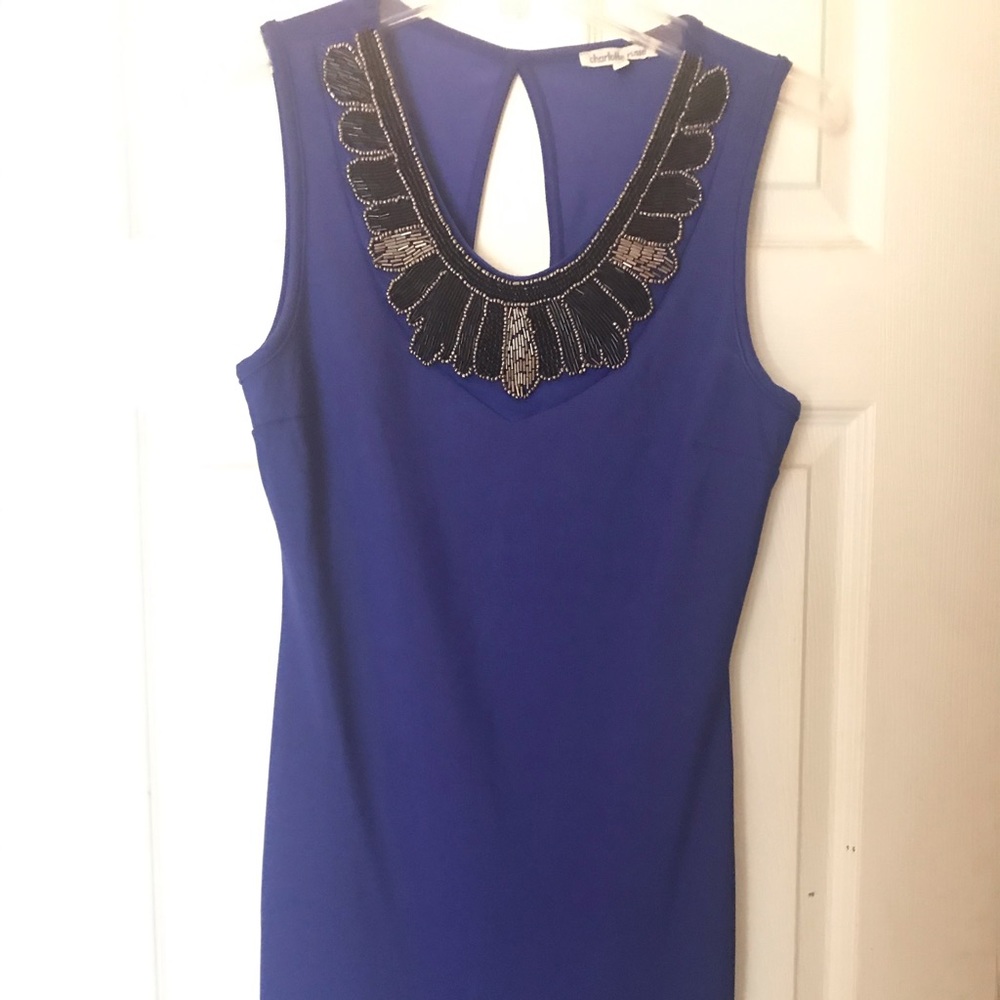 Short blue cocktail with beadwork.